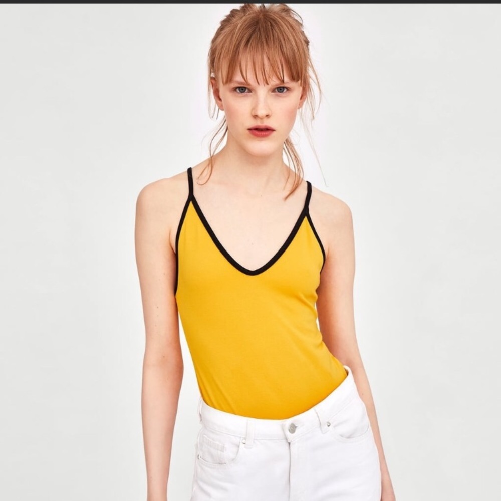 Zara Mustard bodysuits with black pipping detail